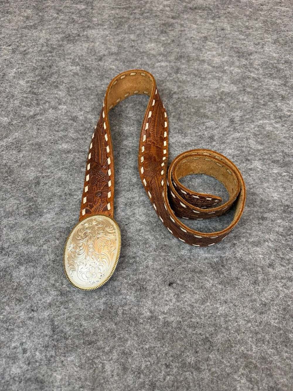 Vintage Western Tooled Brown Leather Belt  Silver Gold Floral Engraved Buckle